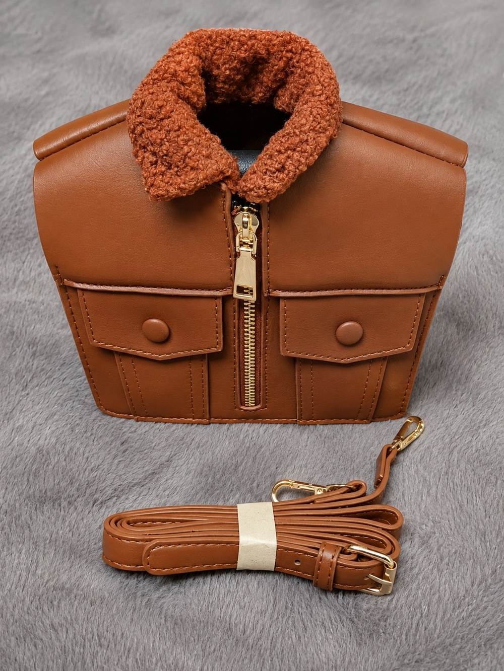 Brown Faux Leather Sherpa Collar Women’s Crossbody Bag
